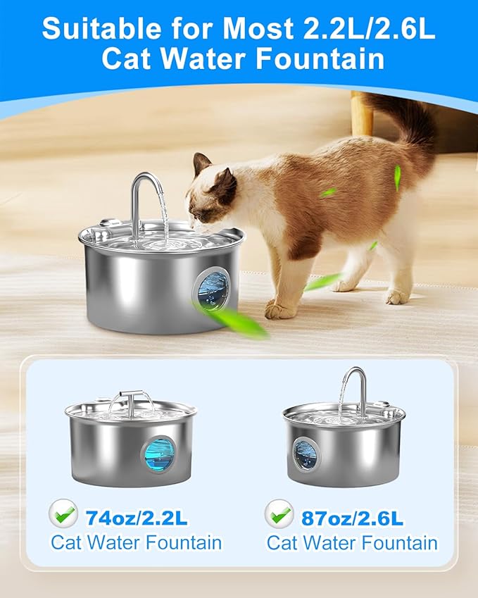 MyfatBOSS 8+8 Pack Cat Water Fountain Filter Replacement Compatible with 74oz/2.2L, 87oz/2.6L Cat Water Fountain Stainless Steel, Activated Carbon Filter and Ultra-fine Fiber