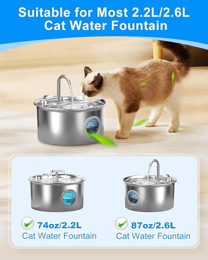 MyfatBOSS 8+8 Pack Cat Water Fountain Filter Replacement Compatible with 74oz/2.2L, 87oz/2.6L Cat Water Fountain Stainless Steel, Activated Carbon Filter and Ultra-fine Fiber