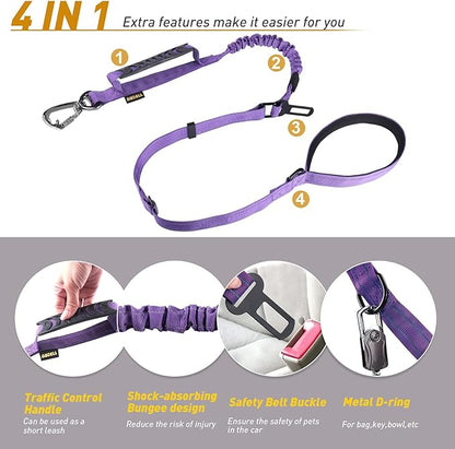 AUBELL Tactical Dog Leash Heavy Duty,4-6ft Reflective Strong No Pull Bungee Leash for Medium Large Dogs with Comfortable Padded Double Handle,Car Seat Belt,360 Degree Rotating Carabiner,Purple