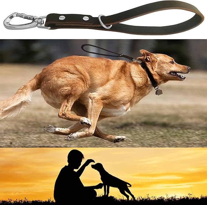 Short Leather Dog Leash 14 Inch Lead With 360 Heavy Duty Metal Clip - Soft, Strong, Light for Medium and Large Dogs - Pet Training Walking Rope
