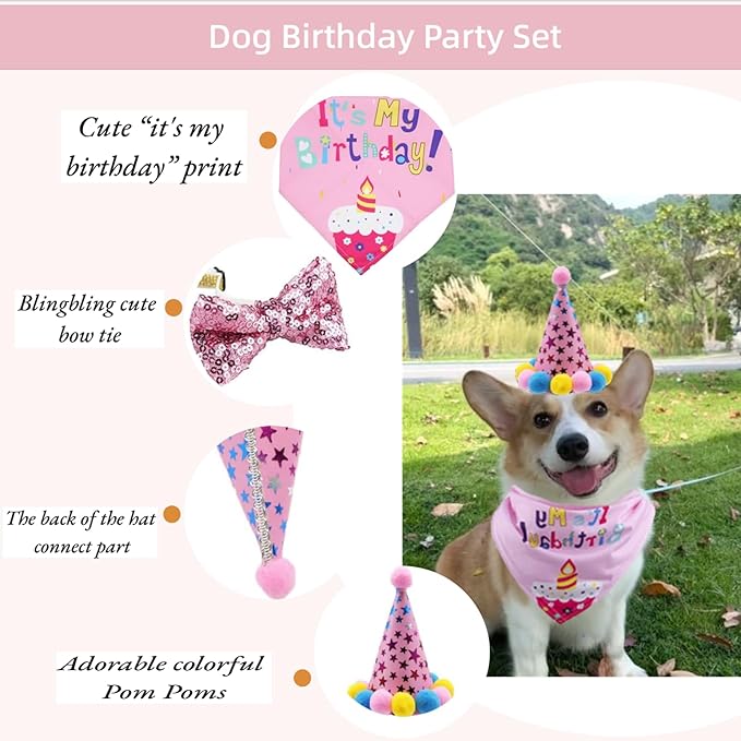 Pet Birthday Party Set with Hat and Bandana for Dogs and Cats with Star Pattern Design, Adjustable Sequin Bow tie Accessories, Pink Birthday Girl Scarf (Pink)
