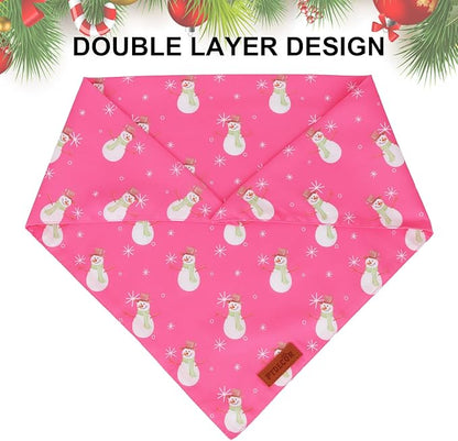 PTDECOR Christmas Dog Bandana, Santa Snowman Design Reversible Holiday Pet Scarf, Pink Triangle Fit Female Christmas Bandanas for Small Dogs Pets (Small)
