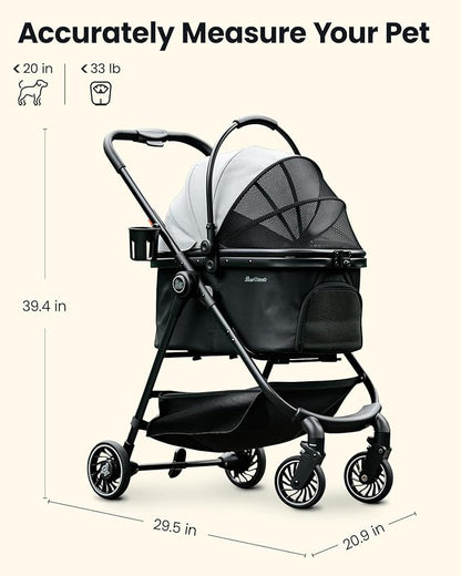 Pawccoli Pet Stroller for Small Dogs and Cats, One-Click Foldable Dog Stroller with Detachable Carrier & 3 Safety Tethers, Holds up to 33 lbs, Storage Basket & Cup Holder, Breathable Mesh, Black