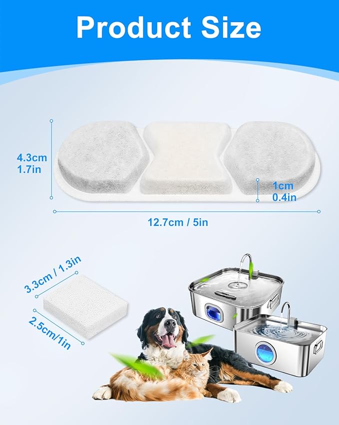 Cunina 6 PCS Dog Water Filters Replacement Fit for WF120 410oz/3.2Gal/12L & Fit for Zuqqony DYSJ01 Pet Water Fountain, Filter & Sponges for Multi-Pet Homes