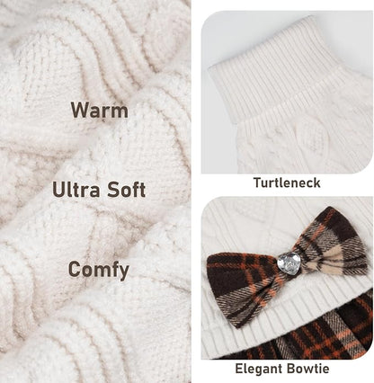 KYEESE Dog Sweater Warm Pullover Pet Coats Stretchy Turtleneck Pet Sweater Dress Thick Dogs Clothes with Bowtie Comfy Knitwear Dog Sweaters for Small Dogs Girl, White, X-Large