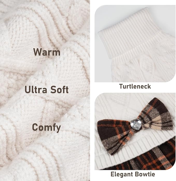 KYEESE Dog Sweater Thick Pet Coats with Bowtie Stretchy Pullover Cat Sweaters Warm Turtleneck Dogs Clothes Soft Dog Sweaters for Small Dogs Girl Comfy Knitwear Puppy Sweater Dress, White, X-Small