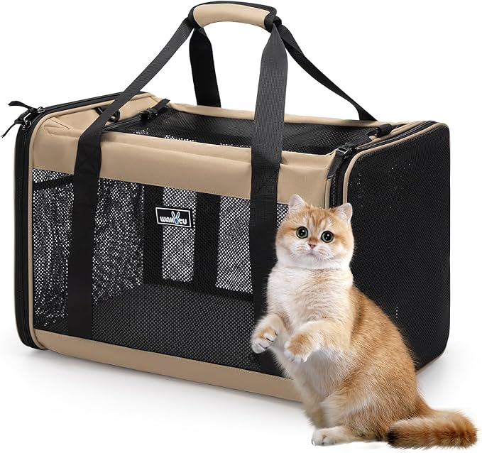 Wakytu Expandable Pet Carrier for Dogs & Cats, Large Travel Bag with 5 Mesh Windows, 2 Entrances, Locking Zippers & Padded Straps,L