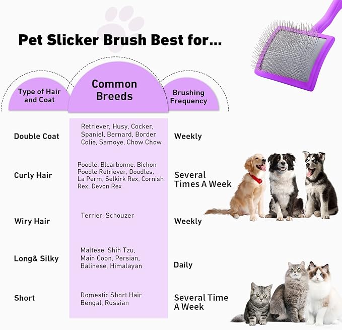 Dog Slicker Brush & Stainless Steel Comb Set for Shedding & Grooming Medium & Large Long or Thick Coated Dogs, Doodles & Cats, 1 Inch Pin Slicker Brush with Ergonomic Wooden Handle, Purple