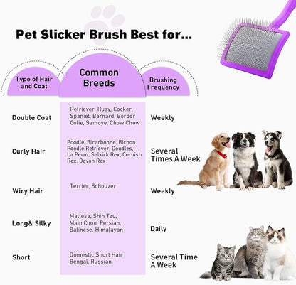 Dog Slicker Brush & Stainless Steel Comb Set for Shedding & Grooming Medium & Large Long or Thick Coated Dogs, Doodles & Cats, 1 Inch Pin Slicker Brush with Ergonomic Wooden Handle, Purple