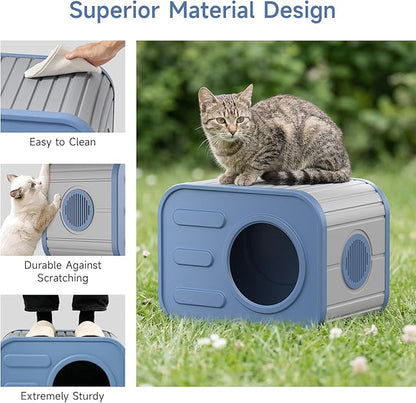 ONBRILL Outdoor Cat House Weatherproof with Dual Ventilation Windows, Spacious Durable PP Material Cat House for Outdoor Indoor Use, Easy to Assemble and Clean, Blue