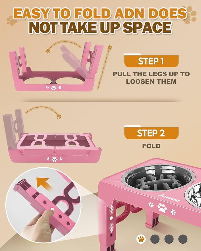 Elevated Dog Bowls, Dog Feeder with 1*Stainless Steel Dishes & 1*Slow Feeder Bowl, 5 Heights Adjustable Raised Stand for Medium Large, Food Dishes with Non-Slip Feet