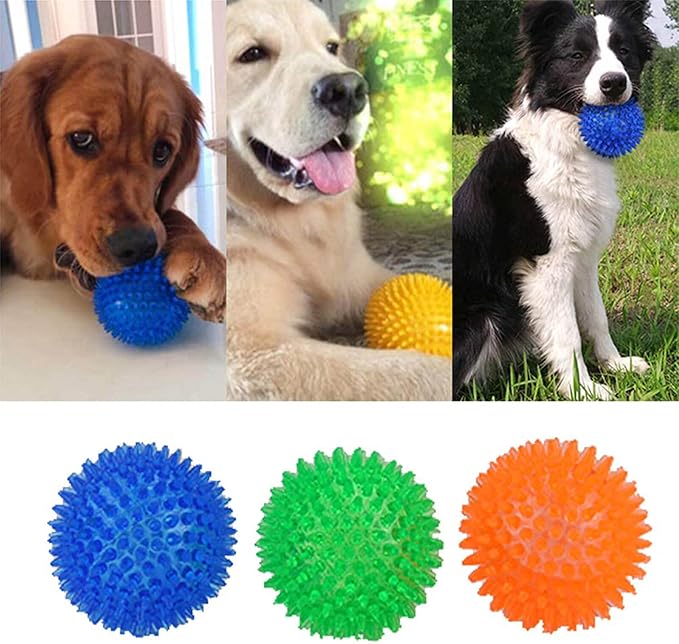 Orgrimmar 3.5" Dog Squeaky Chewing Balls 3 Packs Pet Soft Cleaning Teeth Toys Dogs Spiky Balls with High Bounce for Small Medium Large Pet Dog Toys