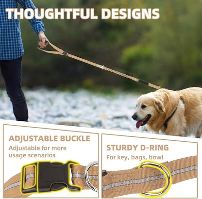 PUPTECK Heavy Duty Bungee Dog Leash for Medium Large Dogs, No Pull Tactical Dog Leashes with Double Handles for Training, Reflective Dog Leash with Car Seatbelt and Quick Release Buckle, Moccasin