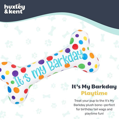 Huxley & Kent Funny Dog Toy w/Squeaker – Power Plush Squeaky Dog Toys for Small, Medium & Large Dogs – Soft Stuffed Animal for Indoor Play & Fetch - It's My Barkday Bone, Small