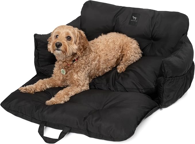 JACKO & CO Premium Medium Dog Car Seat – Safe & Cozy Travel Bed for Small & Med Dogs, Puppies, Pets under 40lbs, Clip-On Leash, Side Pockets, Water-Resistant, Machine Washable (Black Medium (25-40lbs)