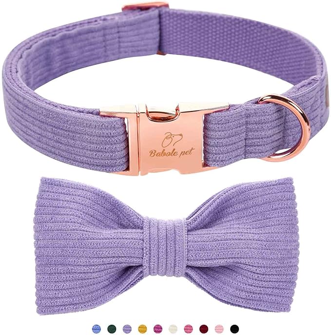 Lavender Dog Collars for Small Dog,Cute Corduroy Dog Collar with Bow Tie Safety Metal Buckle Adjustable Puppy Collars for Small Medium Large Boy&Girl Dogs,XS-Neck 8"-12"