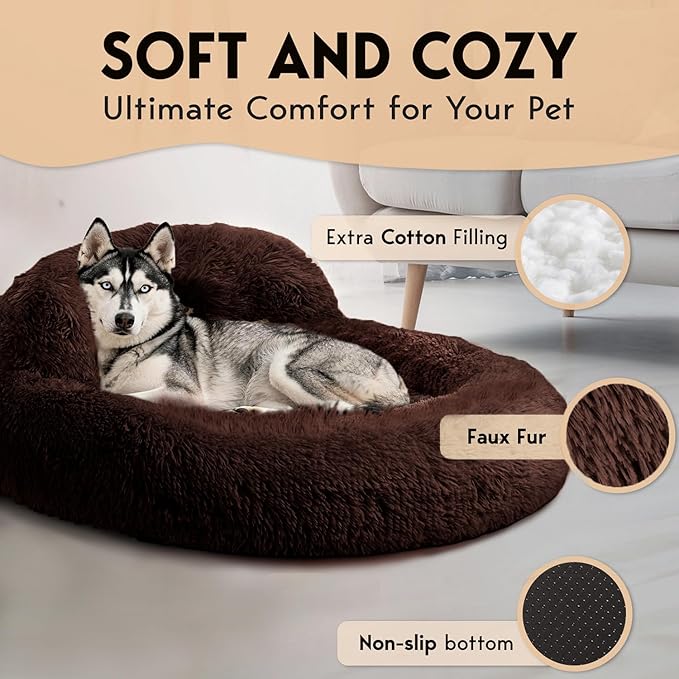 PetJett Calming Dog Beds Large Sized Dog - 36'' Round Bed, Anti-Slip & Washable Super Soft Donut Bed, Fluffy Faux Fur Anti-Anxiety Premium Comfort Pet Bed, Fits Dogs up to 80 lbs - Brown