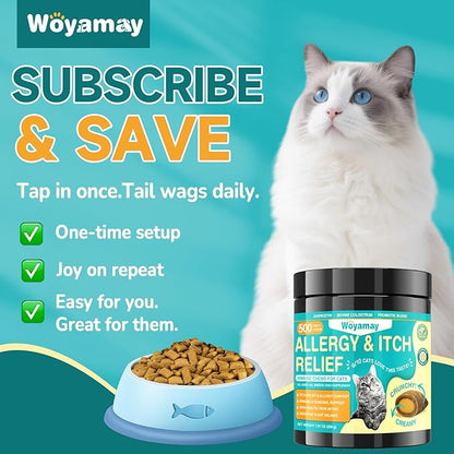 Woyamay Cat Allergy Relief for Cats, 500 Crunchy & Creamy Anti-Itch and Immunity Chews for Itchy Skin, Paws, Eyes, Ears| Stop Licking & Scratching, Supports Seasonal Itching, Chicken Flavor