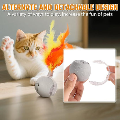 Maycserena Interactive Cat Toys for Indoor,Automatic Moving Electric Rolling Pet Ball,Smart Teasing Toy for Kitty,3 Modes and USB Rechargeable,Tail 2.0 Cat Feather Toy Gray