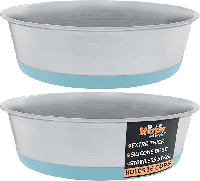 Master Pet Supply Stainless Steel Dog Bowls Set of 2 with Extra Thick Silicone Base - 16 Cup (128 oz) Aqua Sky, Non-Slip, Dishwasher Safe Metal Bowls, Pet Dog Food Bowl for Dogs, Cats, Anti Rust