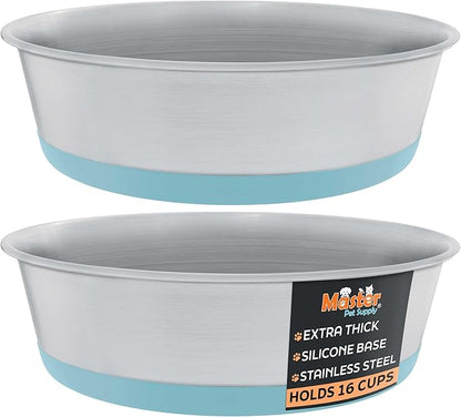 Master Pet Supply Stainless Steel Dog Bowls Set of 2 with Extra Thick Silicone Base - 16 Cup (128 oz) Aqua Sky, Non-Slip, Dishwasher Safe Metal Bowls, Pet Dog Food Bowl for Dogs, Cats, Anti Rust