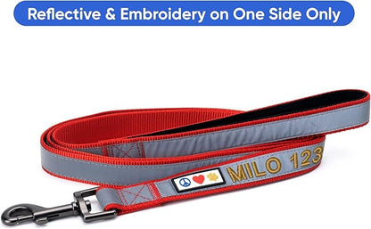 Pawtitas Personalized Red Dog Leash 6 ft Custom ID Lead for Dogs & Puppies Reflective Comfortable Padded Handle Embroidered Name & Phone Number