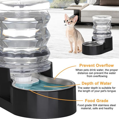 RIZZARI Dog Water Bowl Dispenser: 5L Black Stainless Steel Gravity Feeder with Filter - Easy Refill - Detachable 304 Stainless Bowl - for Small Pets & Multi-Pet Owners - Home Kitchen Patio