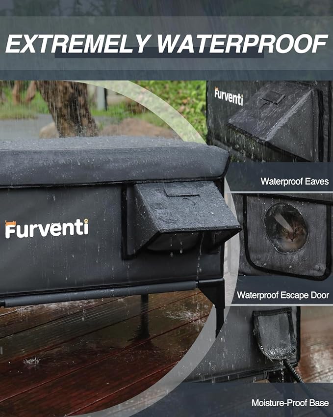 Heated Cat House for Outside,Dual Camera Mounts,100% Weatherproof & Extremely Insulated,Elevated Feral Cat Shelter with Escape Door,Waterproof Eaves for Outdoor Stray Barn Cat(Dark Grey, L with Cam)