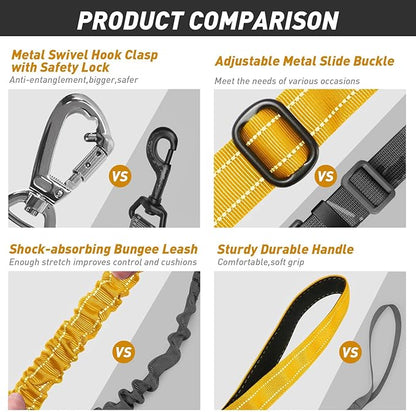 AUBELL Tactical Dog Leash Heavy Duty,4-6ft Reflective Strong No Pull Bungee Leash for Medium Large Dogs with Comfortable Padded Double Handle,Car Seat Belt,360 Degree Rotating Carabiner,Yellow