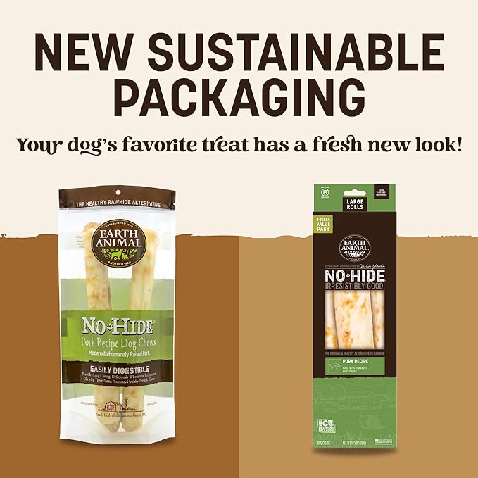Earth Animal No Hide Chews - Long Lasting Rawhide Free Large Dog Chews Rolls, Pork - 3 Count Value Pack