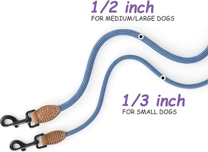 Mile High Life Small Dog Leash, Thin Rope Leash with Genuine Leather Connection and Heavy Duty Metal Clasp, Great for Small Medium Dogs(Blue White,48 Inch-1/3)