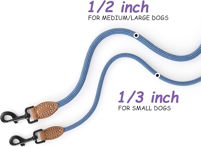 Mile High Life Small Dog Leash, Thin Rope Leash with Genuine Leather Connection and Heavy Duty Metal Clasp, Great for Small Medium Dogs(Blue White,72 Inch-1/3)