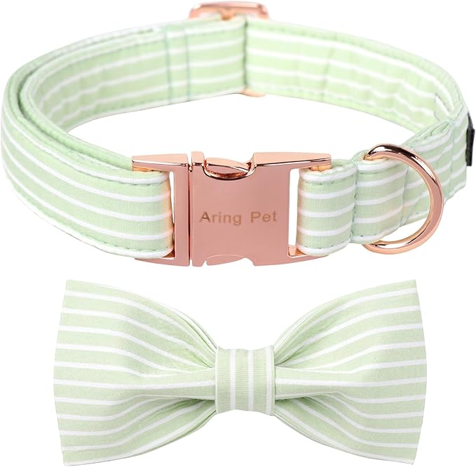 ARING PET Dog Collars with Bow, Green Stripe Adjustable Bowtie Pet Collar with Metal Buckle for Small Medium Large Boy Girl Dogs-L