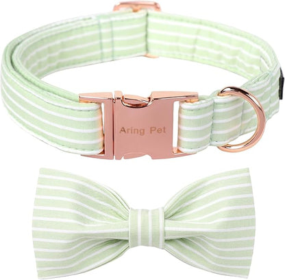 ARING PET Dog Collars with Bow, Green Stripe Adjustable Bowtie Pet Collar with Metal Buckle for Small Medium Large Boy Girl Dogs-L