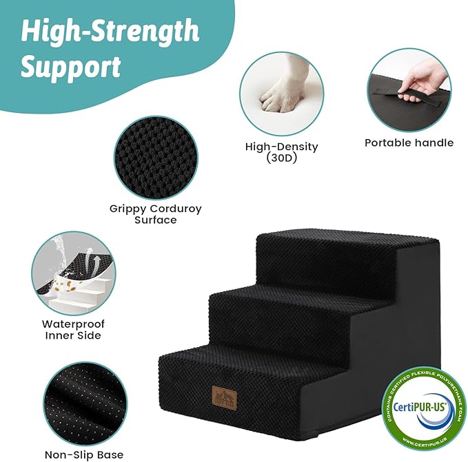 COZY KISS Dog Stairs for Small Dogs, 3 Tier Pet Stairs for Couch, 13.5" H Non-Slip Dog Steps for Old Cats, Puppy, Small Dogs, 15.7x17.7x13.5 inch, Black