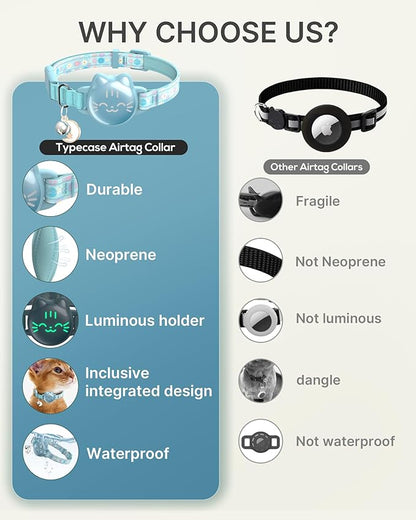Waterproof Airtag Cat Collar, Breakaway Cat Airtag Collar with Luminous & Reflective Fish Pattern, Lightweight Kitten Collars for Apple Air tag, Hidden GPS Tracker Holder for Cats, Kittens(9-13")