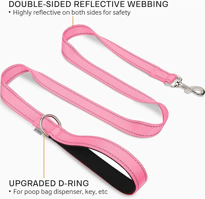 Joytale Double-Sided Reflective Dog Leash, 4 FT, Padded Handle Nylon Heavy Duty Leashes for Medium & Large Dogs Walking, Pink