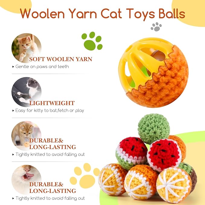 Cipsken 12 Pack Cat Toy Balls, Hand-Knitted Woolen Yarn Cat Balls Toy with Bell Inside, Interactive Kitty Toys for Indoor Kitten Teething, Chasing & Self Play(Fruit-Shaped)