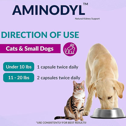 Aminodyl™ Kidney Support Supplement 400mg for Cats & Small Dogs - Supports Natural Kidney Function with Amino Vastly Promotes Health, Wellbeing & Vitality of Kidneys - 120 Sprinkle Capsules. U.S.A