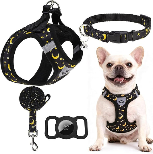 EXPAWLORER Small Dog Harness and Leash Set - Cute Puppy Harness Leash Dog Collar with AirTag Holder Silicone Case, Soft Padded Step in Pet Vest Reflective for Outdoor Walking, Star-Moon S