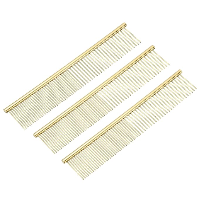 PETAXCELL Dog Cat Comb, Pet Combs Stainless Steel Teeth with Rounded Ends for Knots Mats Loose Hair Removal, 7.5IN (Gold Plated, 3 Pack), Grooming Tool Intended for Long Curly Hair Pet