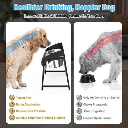 Elevated Dog Bowls for Large Dog, 15“ Tall Raised Food and Water Bowl Set with Stand, Full Metal Spill Proof Design and Stainless Bowls for Indoor & Outdoor Use