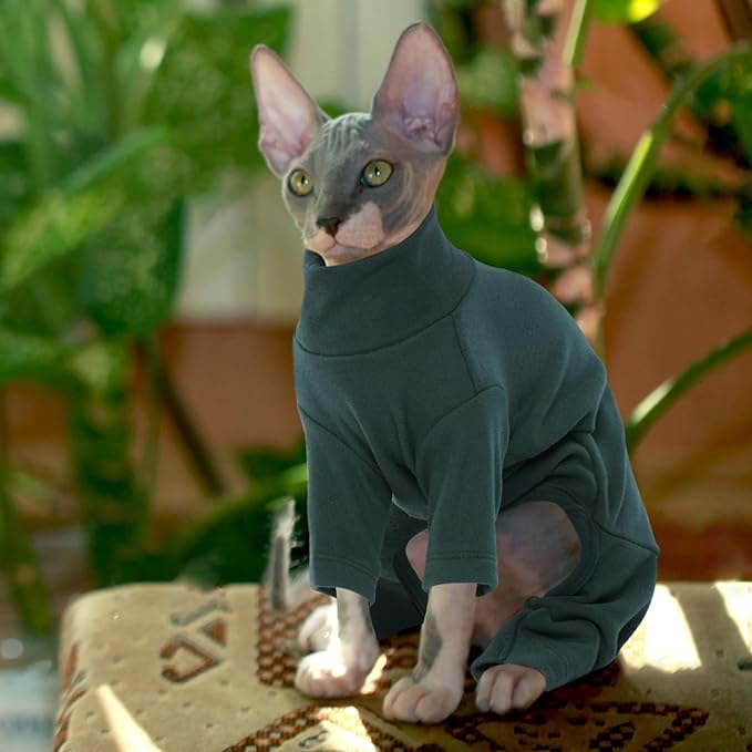ROZKITCH Sphynx Cat Clothes, Breathable Soft Cat Jumpers for Cats Only, Coat with Four Legs, Warm Sweater T-Shirt Pajamas Jumpsuit Vest Cornish Rex Devon Rex Peterbald DarkGreen M