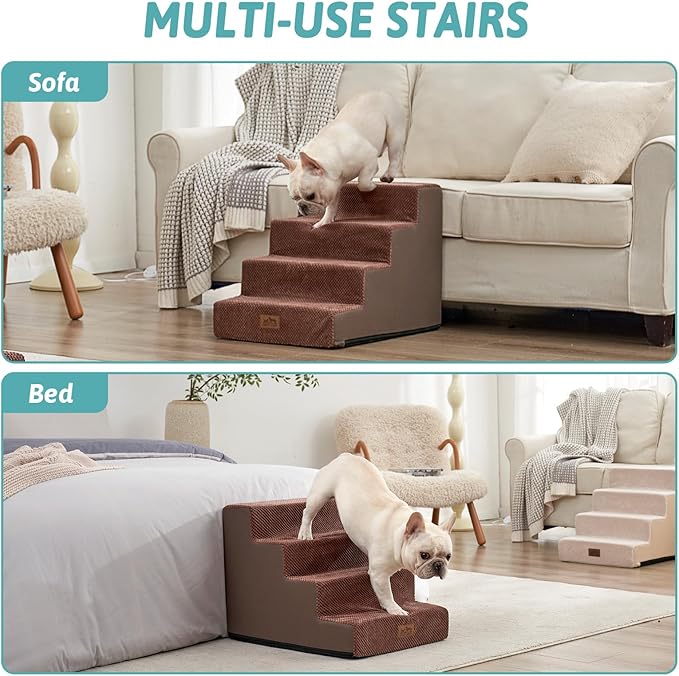 COZY KISS Dog Stairs for Small Dogs, 17.7" Extra Wide Right-Angle Pet Stairs for Couch and Beds, Anti-Slip Dog Steps for Old Cats and Lowrider, 17.7x23.6x17.7 inch, Brown