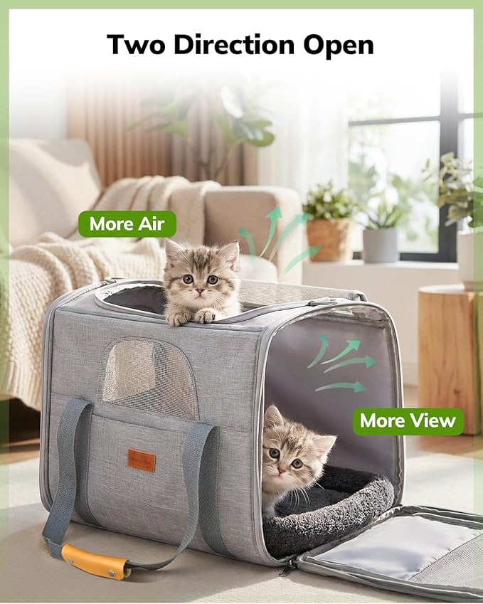 Morpilot Portable Cat Carrier - Soft Sided Cat Carrier for Medium Cats and Puppy up to 15lbs, Pet Carrier with Locking Safety Zippers, Foldable Bowl, Airline Approved Travel Dog Carrier - Light Gray