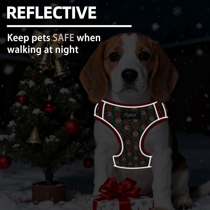 PUPTECK Christmas Dog Harness Collar and Leash Set with Gift Box, No Pull Soft Light Pet Harness, Reflective Adjustable Puppy Vest, for Small Sized Dogs Cats Walks, Red&Green M