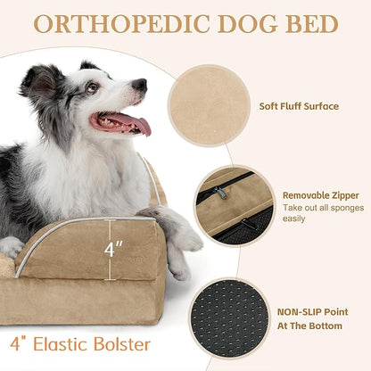 Comfort Expression Orthopedic Dog Bed for Medium Dogs 30x20 Inch, Waterproof Egg Crate Foam Medium Pet Bed with Removable Bolsters, Dog Couch with Washable Cover & Non-Slip Bottom, Light Brown
