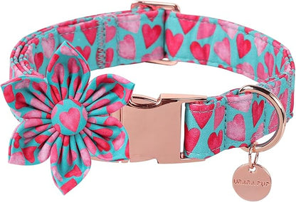 UP URARA PUP Valentine Dog Collar with Flower, Heart Flower Collar for Puppy Girl Boy Dog or Cat, Comfortable Dog Collar Flower with Durable Metal Buckle, Cute Pet Collar, XS, Neck 8-12in