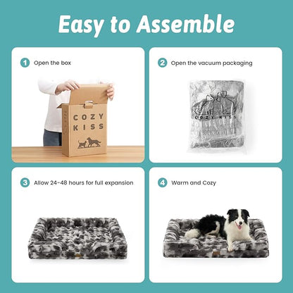 COZY KISS Orthopedic Dog Bed for Large Medium Size Dog, Soft and Warm Faux Fur Sofa for Pet Up to 75 lbs, Foam Bolster Anti-Slip Couch with Washable Removable Cover, L 36x27x6.5 inch, Tie Dye Grey