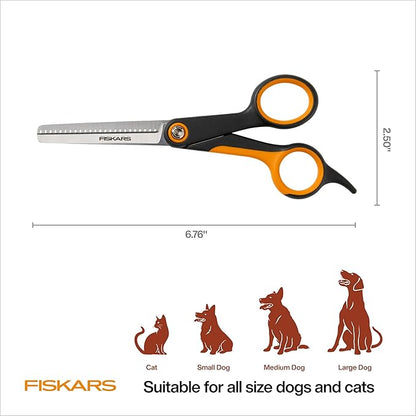 Fiskars Pet, Dog and Cat Grooming Scissors, Serrated Teeth for Thinning & SoftGrip Handle, Cat and Dog Supplies, Orange/Black, Blending Scissors